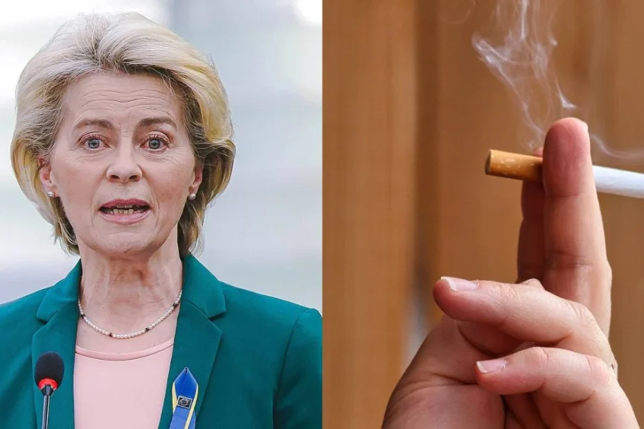 Taxa pe tutun va fi majorată semnificativ. Foto: Președinta Comisiei Europene și o mână de fumător