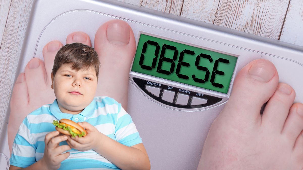 Băiat mănâncă fast-food, cântar cu mesajul obez