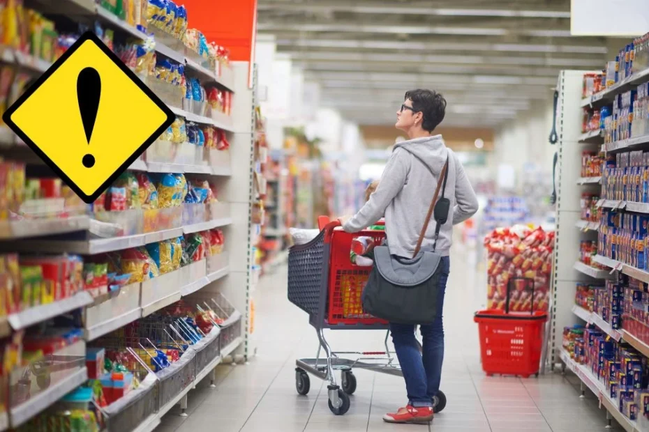 Retragere urgentă a chipsurilor Lay's. În imagine, o femeie cu un cărucior de cumpărături în aleea unui supermarket se uită la rafturi.