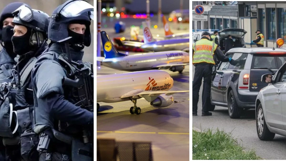 Niemcy zawiesili układ z Schengen -Zestaw trzech zdjęć przedstawiające kolejno: grupę policjantów sił specjalnych, samoloty stojące na płycie lotniska, kolejkę samochodów na granicy z Niemcami czekających do kontroli