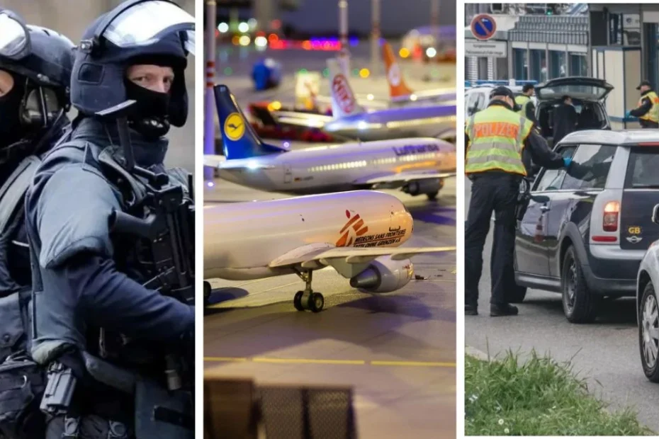 Germania a suspendat acordul Schengen, măsuri extraordinare la graniță - Set de trei imagini prezentând pe rând: un grup de polițiști din forțele speciale, avioane staționate pe pista aeroportului, o coadă de mașini la granița cu Germania așteptând controlul