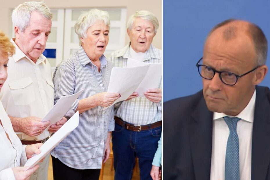 Reforma sistemului de pensii din Germania. În imagine, un grup de pensionari și cancelarul Merz