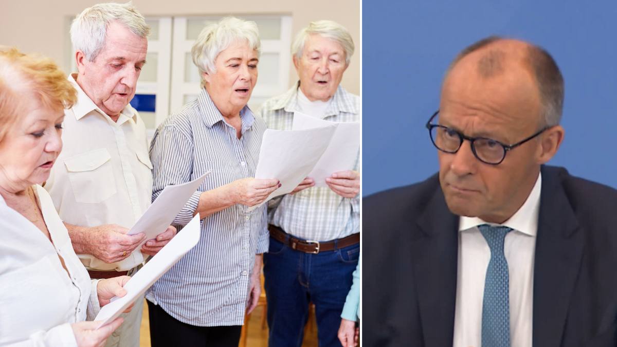 Reforma sistemului de pensii din Germania. În imagine, un grup de pensionari și cancelarul Merz