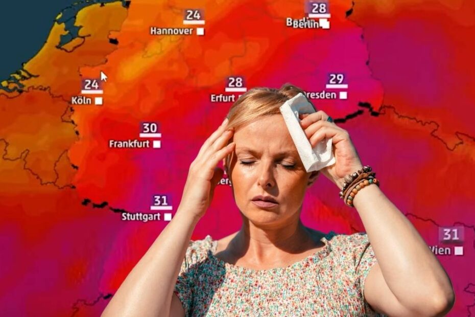 Val de căldură lovește Germania. Foto: Femeie își șterge transpirația pe fondul hărții meteo roșii a Germaniei