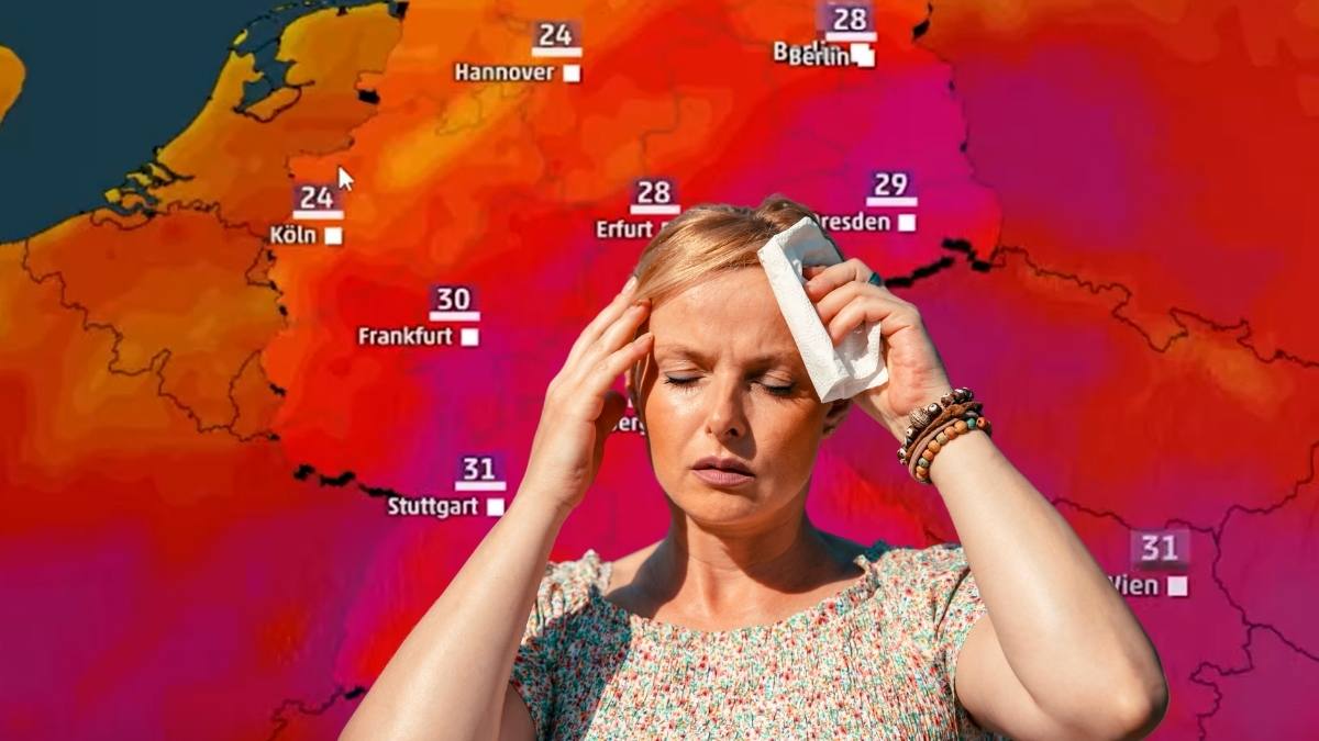 Val de căldură lovește Germania. Foto: Femeie își șterge transpirația pe fondul hărții meteo roșii a Germaniei