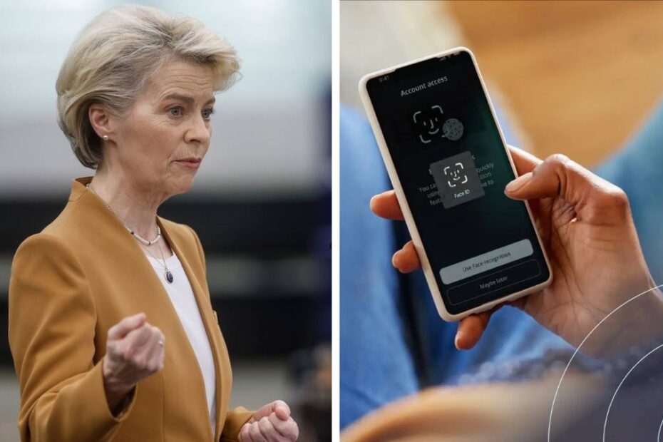 Portofelul digital al UE 2027. În imagine, Ursula von der Leyen președintele Comisiei Europene și un telefon cu aplicația portofelului digital
