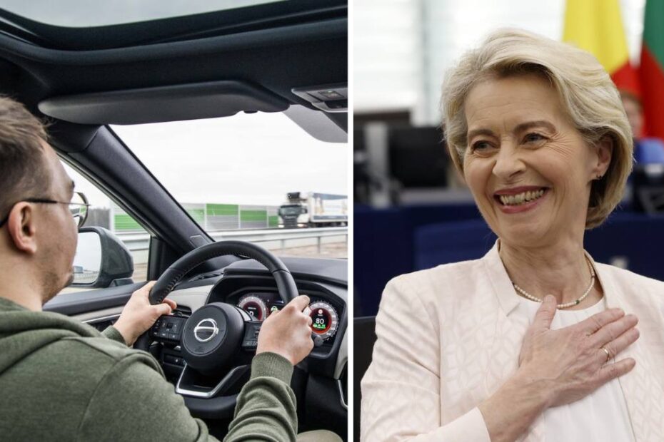 UE obligă toate mașinile camere care monitorizează șoferul. În imagine, un șofer care este la volan și Ursula von der Leyen, președintele Comisiei Europene
