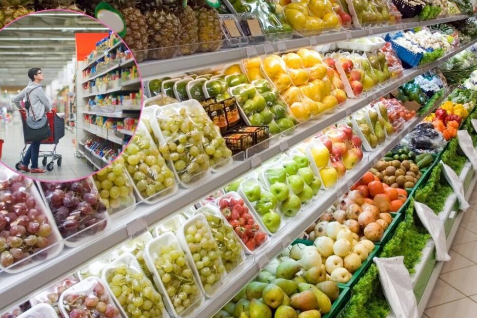 Virus periculos în fructe retragere urgentă. În imagine, raion de fructe în supermarket și medalion cu o persoană la cumpărături