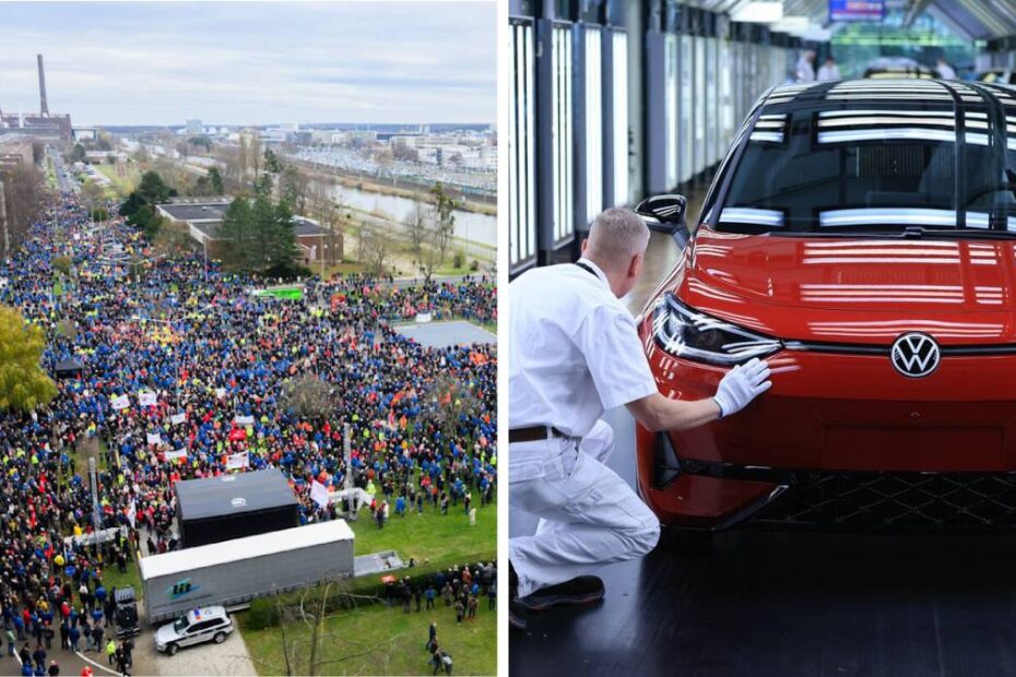 Volkswagen închide fabrici Germania. În imagine, protest la fabrica Volkswagen și angajat în fabrica Volkswagen