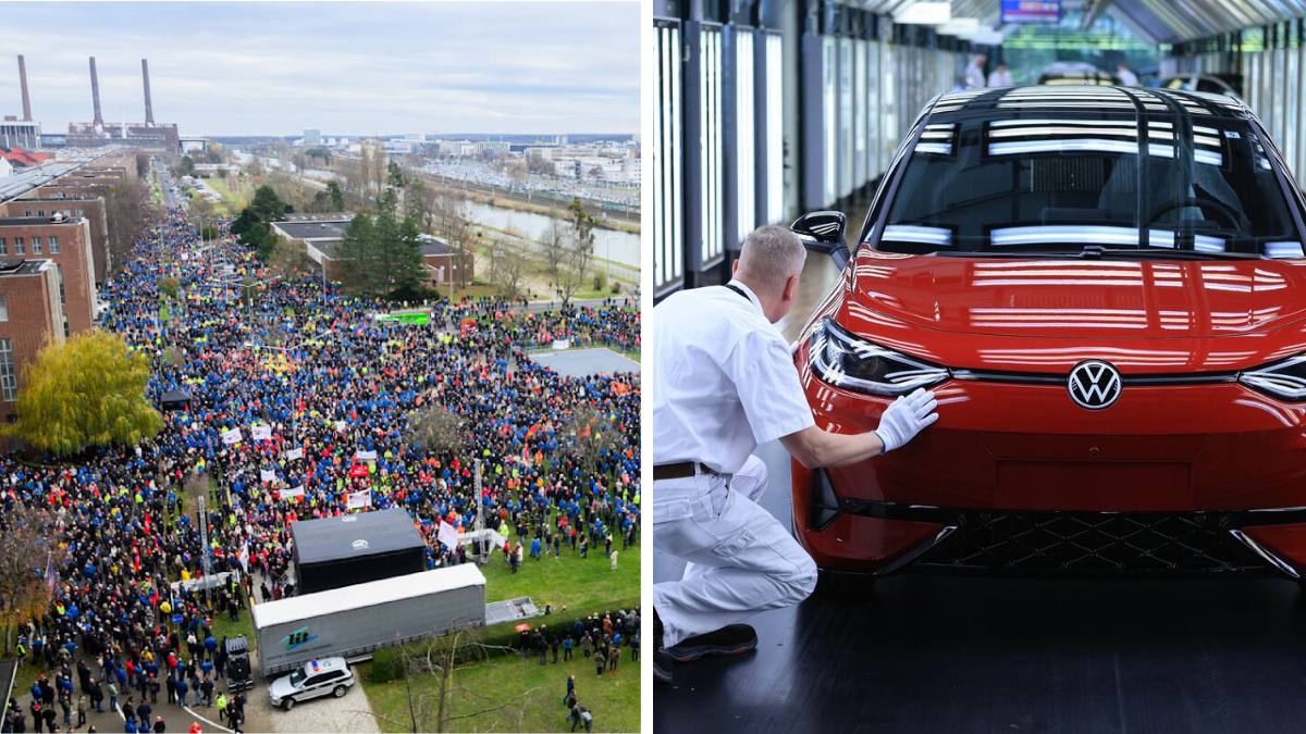 Volkswagen închide fabrici Germania. În imagine, protest la fabrica Volkswagen și angajat în fabrica Volkswagen