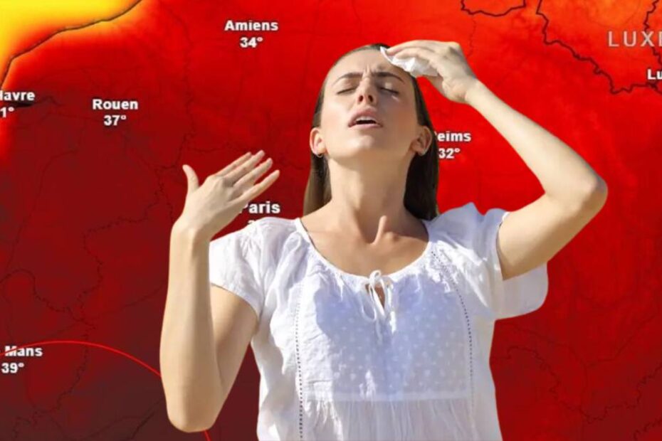 Milioane de oameni sunt afectați de valul extrem de căldură. În imagine, o hartă meteo roșie și o femeie afectată de căldură