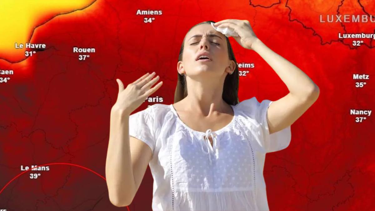 Milioane de oameni sunt afectați de valul extrem de căldură. În imagine, o hartă meteo roșie și o femeie afectată de căldură