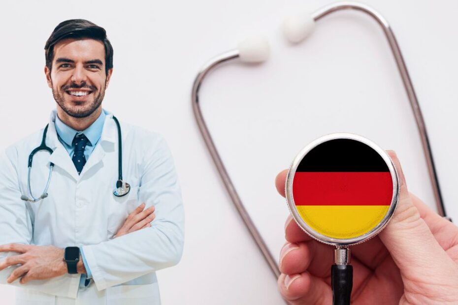 În imagine stânga medic cu stetoscop, dreapta stetoscop și steagul germaniei