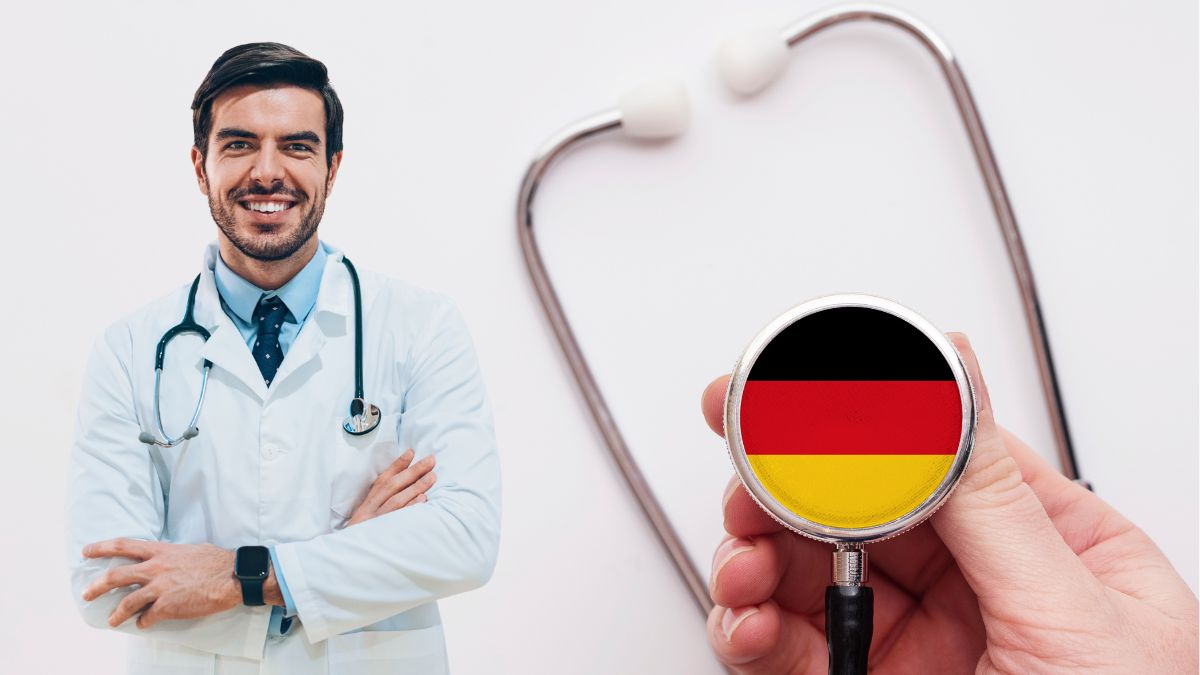 În imagine stânga medic cu stetoscop, dreapta stetoscop și steagul germaniei
