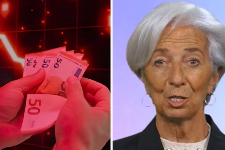 numărătoarea inversă pentru Euro digital. În imagine, un cadru cu bancnote euro si un grafic digital și alături președinta BCE, Christine Lagarde