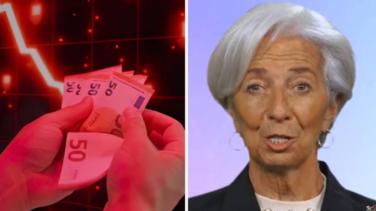 numărătoarea inversă pentru Euro digital. În imagine, un cadru cu bancnote euro si un grafic digital și alături președinta BCE, Christine Lagarde