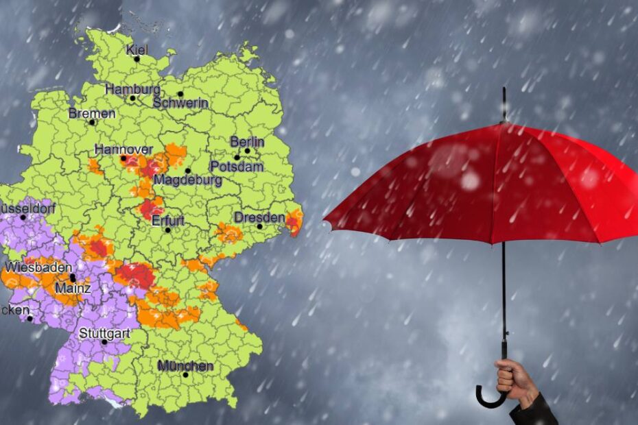 Avertismente de furtună în Germania – 14 iulie 2026. În imagine, harta meteo a zilei și o umbrelă roșie în ploaie