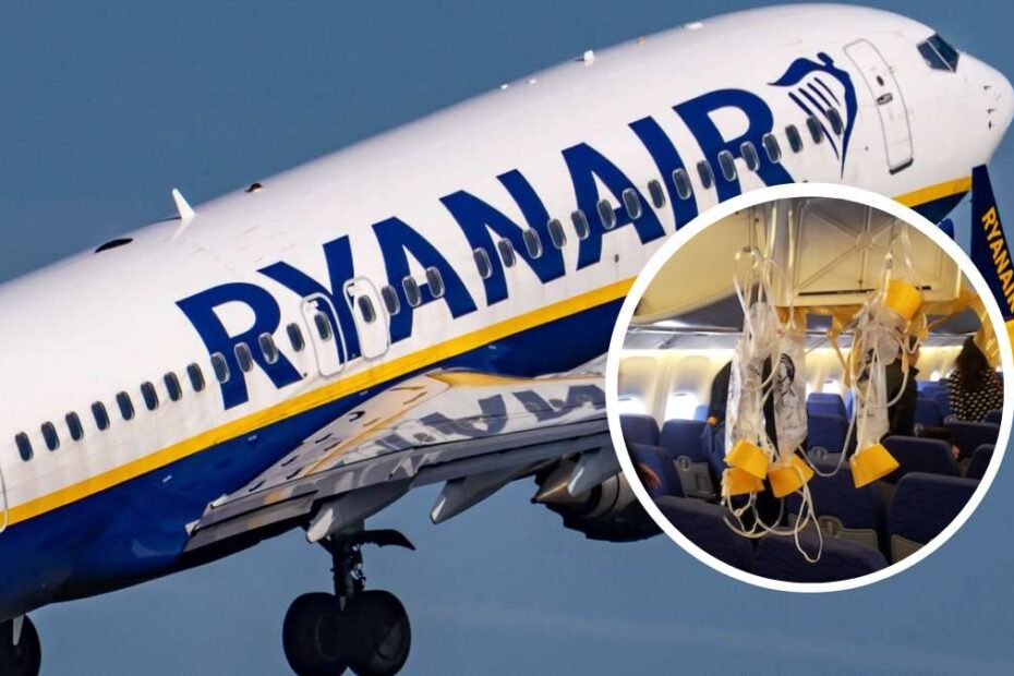 geam spart avion Ryanair. În imagine, avion Ryanair decolând și medalion cu măști de oxigen căzute