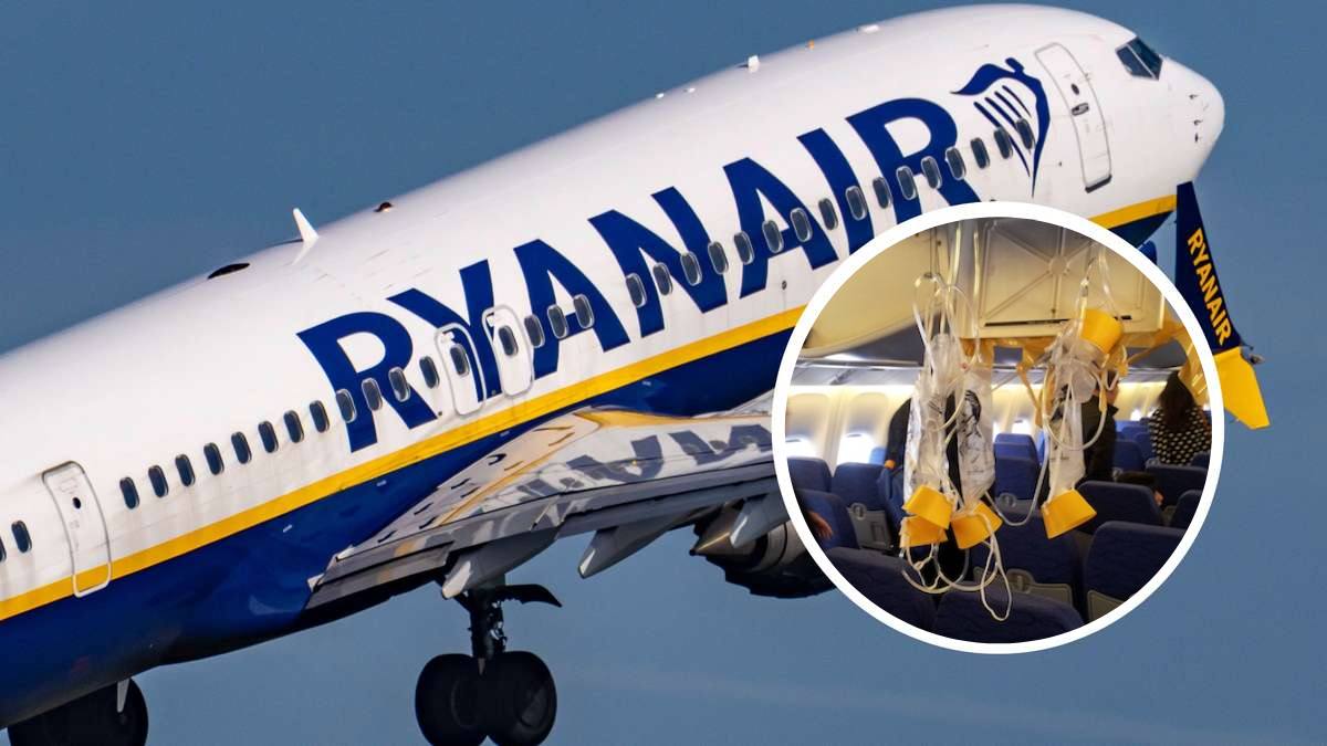 geam spart avion Ryanair. În imagine, avion Ryanair decolând și medalion cu măști de oxigen căzute