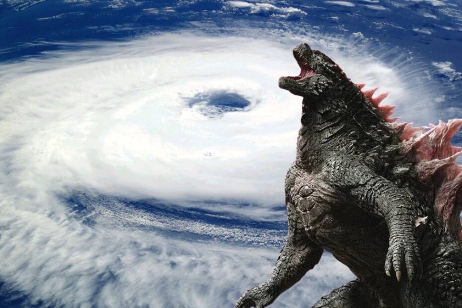 Cel mai puternic El Niño din ultimii 150 de ani. În imagine, o Godzilla pe fondul unui ciclon planetar