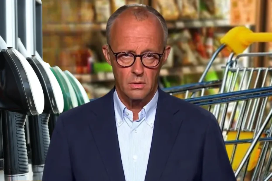 Cumpărăturile din Germania se vor scumpi. În imagine, cancelarul Merz pe fondul unui supermarket