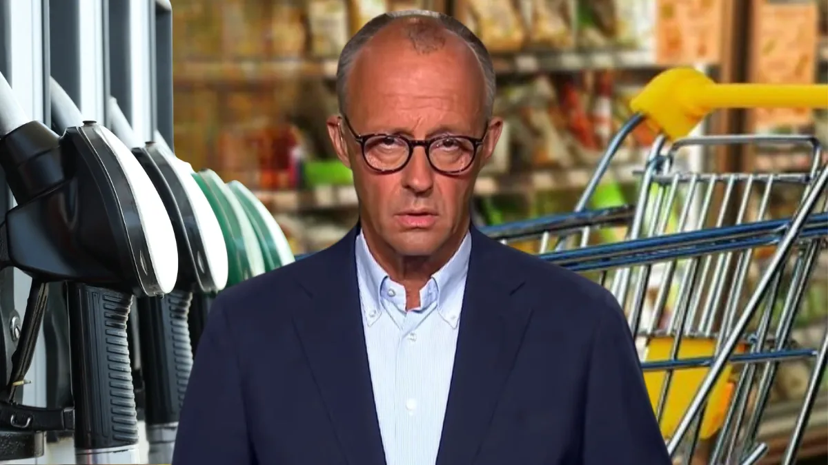 Cumpărăturile din Germania se vor scumpi. În imagine, cancelarul Merz pe fondul unui supermarket