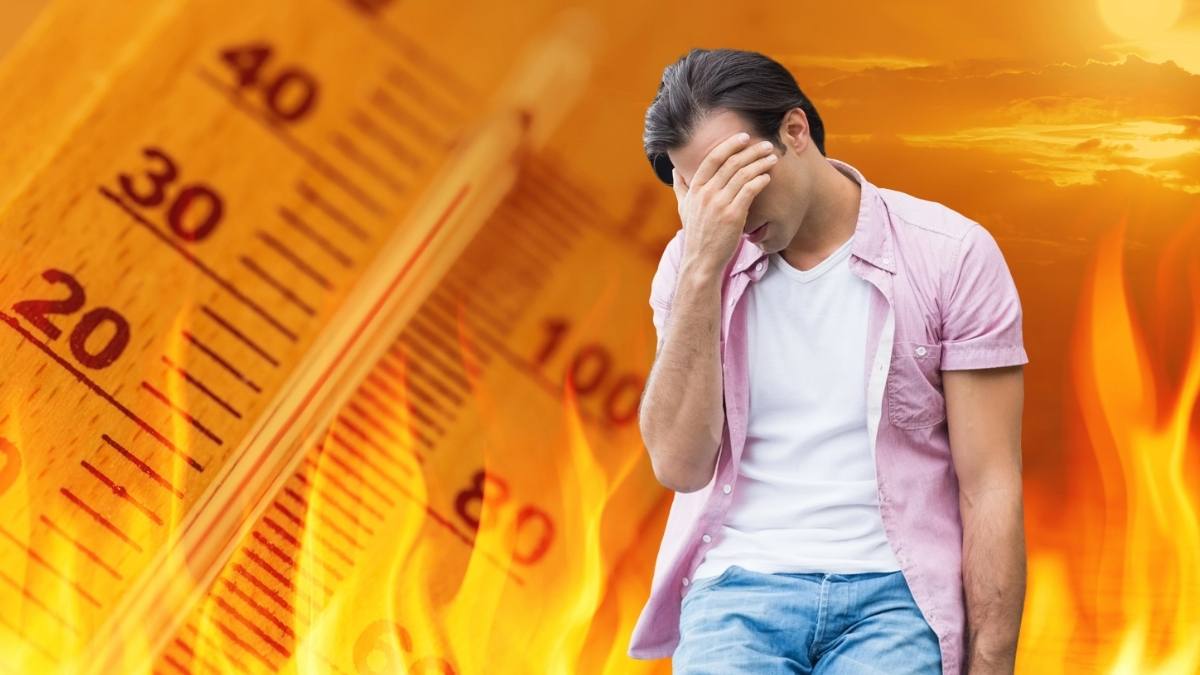 Peste 5.000 de decese provocate de căldură în Germania. În imagine, o persoană care se simte rău pe fondul unui termometru în flăcări