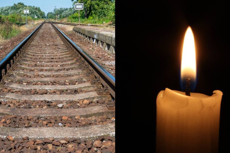 Muncitor român din Germania a murit lovit de tren. În imagine, o șină de cale ferată și o lumânare