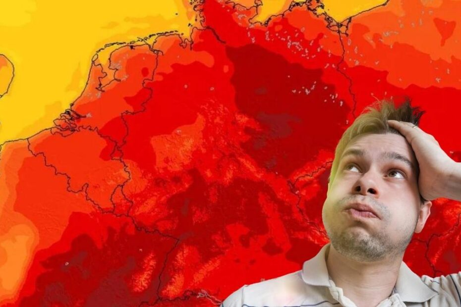 NASA semnalează regiunile lumii în care va fi imposibil de trăit din cauza căldurii. În imagine, o persoană suferă de cald, pe fondul unei hărți meteo roșii