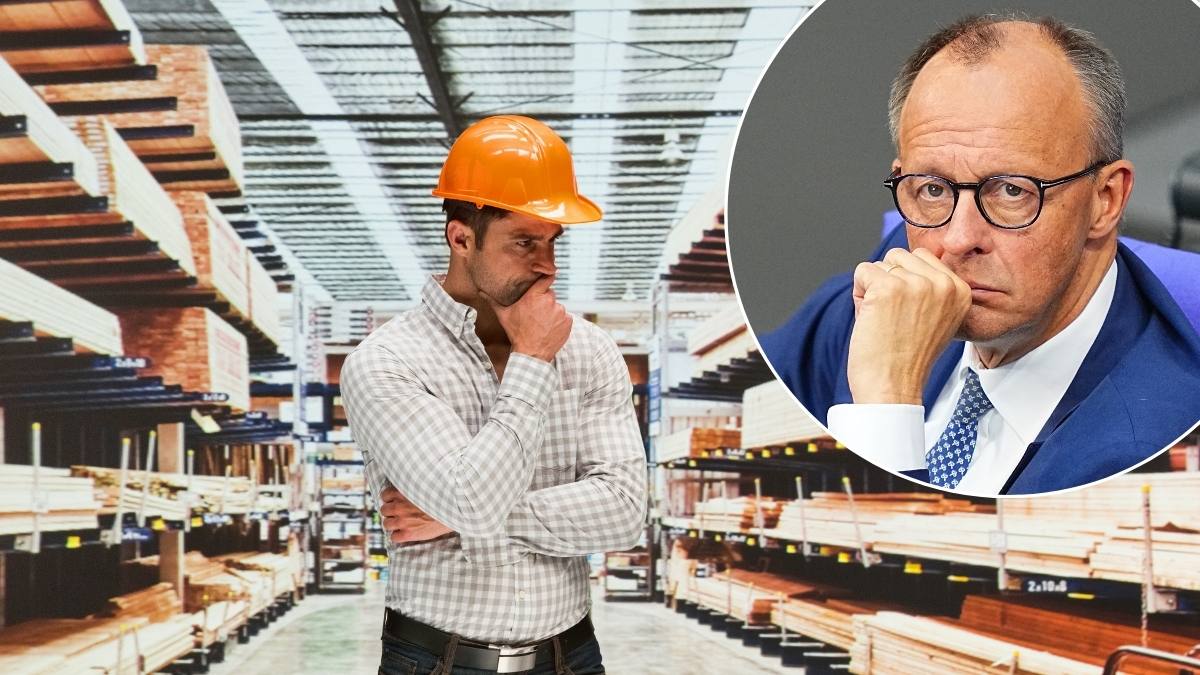 schimbări privind concedierile în Germania. În imagine, angajat care stă pe gânduri și cancelarul german Friedrich Merz