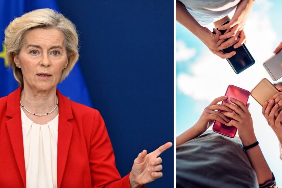 vârsta minimă rețele sociale UE. În imagine, Ursula von der Leyen, președintele Comisiei Europene, și mâini de copii care țin telefoane