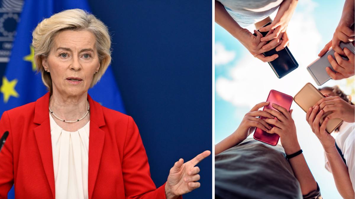 vârsta minimă rețele sociale UE. În imagine, Ursula von der Leyen, președintele Comisiei Europene, și mâini de copii care țin telefoane