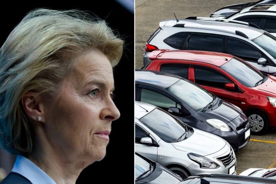 Pașapoartele auto sunt obligatorii din noiembrie. Imagine generică cu mașini și șefa CE, Ursula von der Leyen