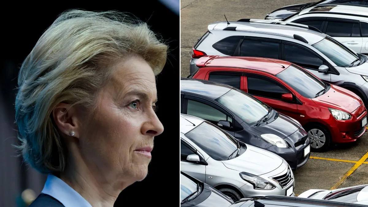 Pașapoartele auto sunt obligatorii din noiembrie. Imagine generică cu mașini și șefa CE, Ursula von der Leyen