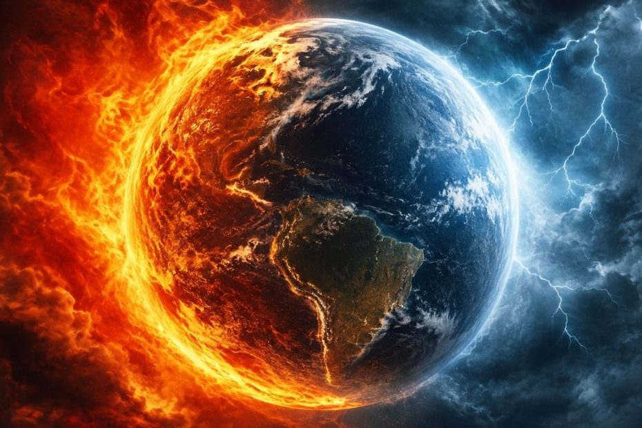 El Niño ne lovește cu forță maximă. Imagine ilustrativă cu un glob pământesc jumătate în flăcări, jumătate lovit de fulgere și furtuni