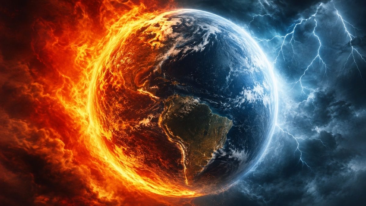 El Niño ne lovește cu forță maximă. Imagine ilustrativă cu un glob pământesc jumătate în flăcări, jumătate lovit de fulgere și furtuni