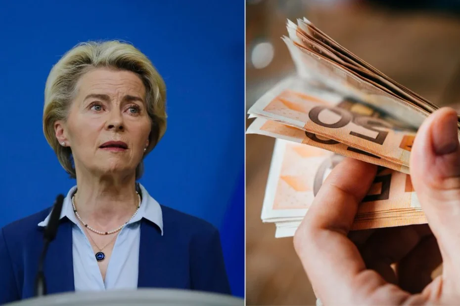 Noi reguli pentru plățile în numerar în UE. Imagine ilustrativă cu șefa CE Ursula Von der Leyen și o persoană care răsfoiește bancnote