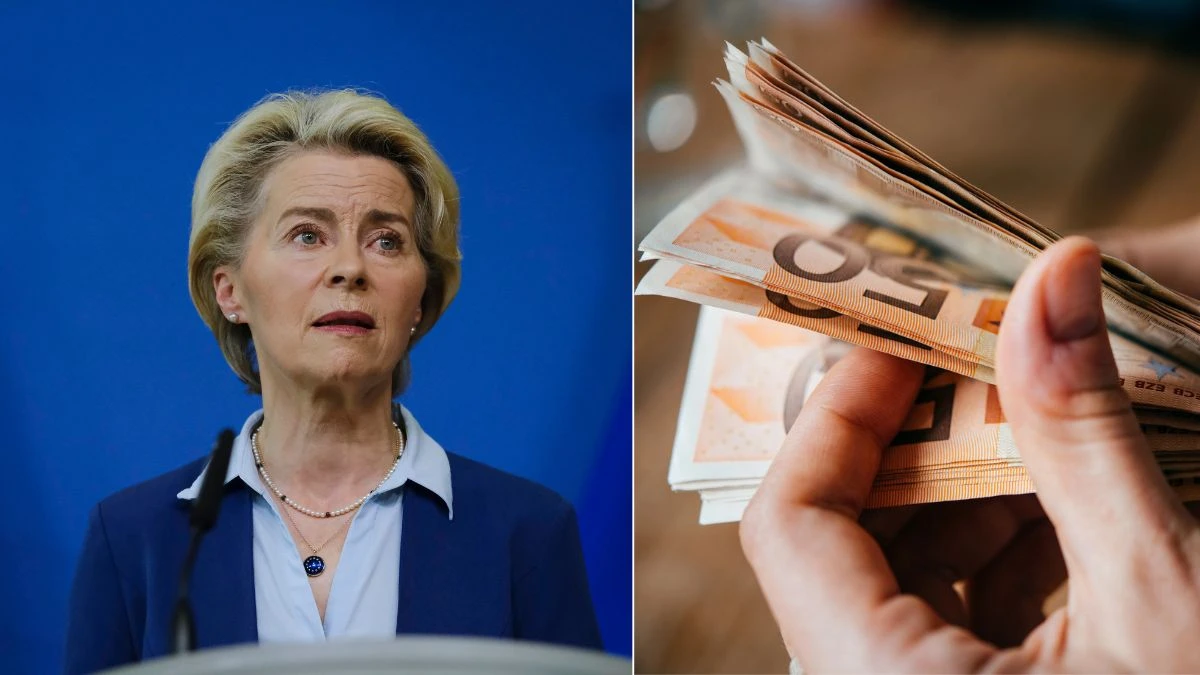 Noi reguli pentru plățile în numerar în UE. Imagine ilustrativă cu șefa CE Ursula Von der Leyen și o persoană care răsfoiește bancnote