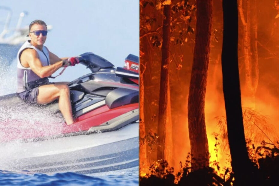 Țara arde și Macron se plimbă cu ski-jetul. În imagine, Emmanuel Macron pe ski-jet și o pădure arzând