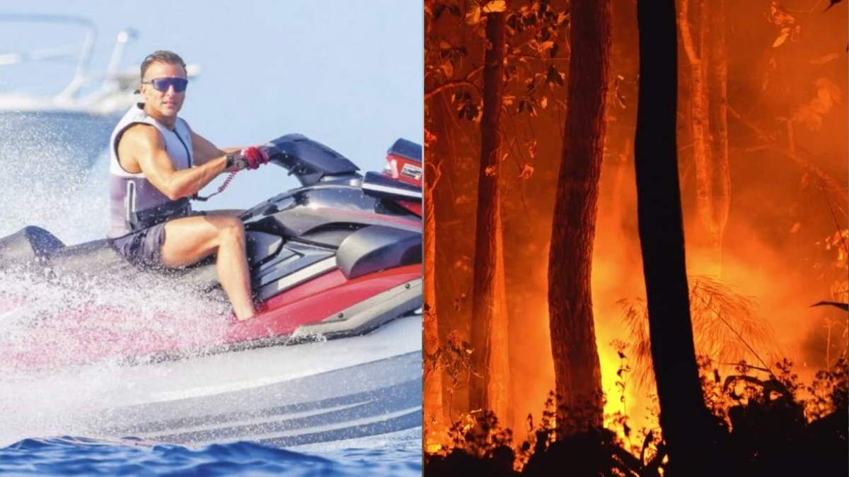 Țara arde și Macron se plimbă cu ski-jetul. În imagine, Emmanuel Macron pe ski-jet și o pădure arzând