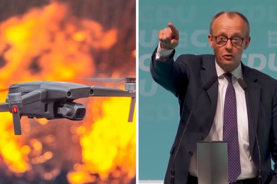 Merz avertizează după atacurile hibride asupra Germaniei. Imagine ilustrativă cu o dronă și cancelarul Friedrich Merz
