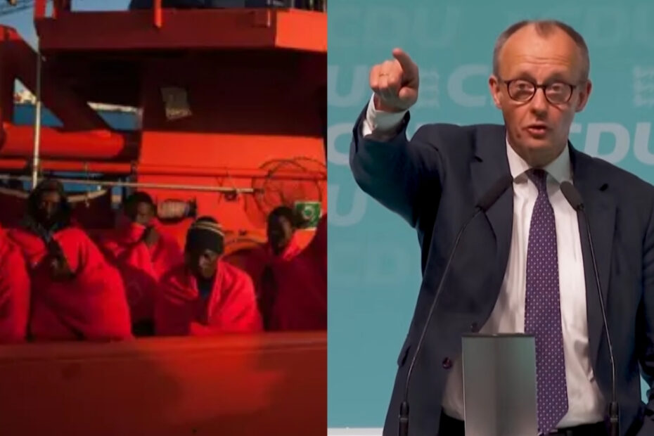 Germania plănuiește un centru de repatriere în Uganda. În imagine, Friedrich Merz și un grup de imigranți