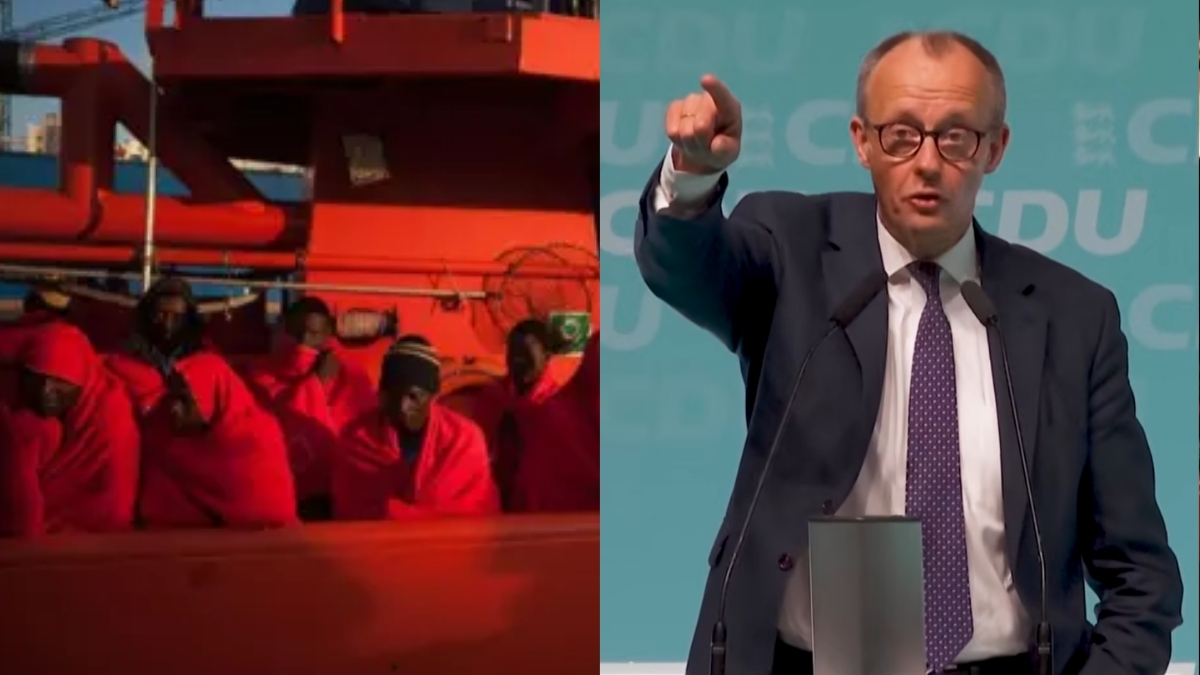 Germania plănuiește un centru de repatriere în Uganda. În imagine, Friedrich Merz și un grup de imigranți