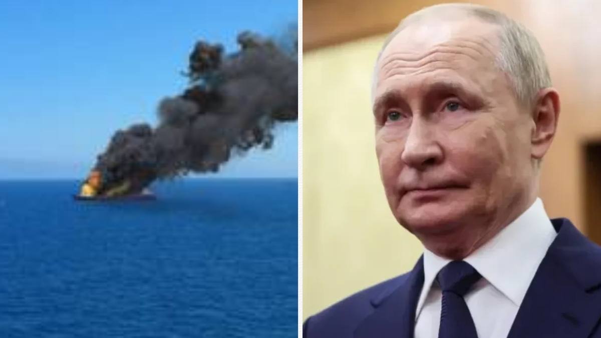 Rușii au atacat un cargou german. În colaj, o navă arzând pe mare și în dreapta Vladimir Putin