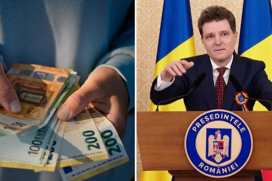 Nicușor Dan anunță trecerea României la euro. În imagine, președintele Nicușor Dan și un bărbat cu bancnote euro în mâini