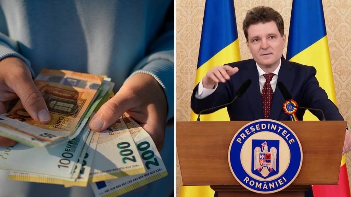 Nicușor Dan anunță trecerea României la euro. În imagine, președintele Nicușor Dan și un bărbat cu bancnote euro în mâini