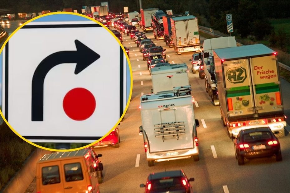 Ce înseamnă punctul roșu întâlnit pe șoselele din Germania. Imagine cu semnul de circulație punct roșu și săgeată neagră