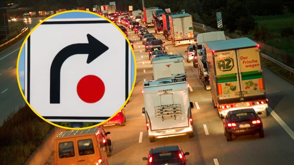 Ce înseamnă punctul roșu întâlnit pe șoselele din Germania. Imagine cu semnul de circulație punct roșu și săgeată neagră