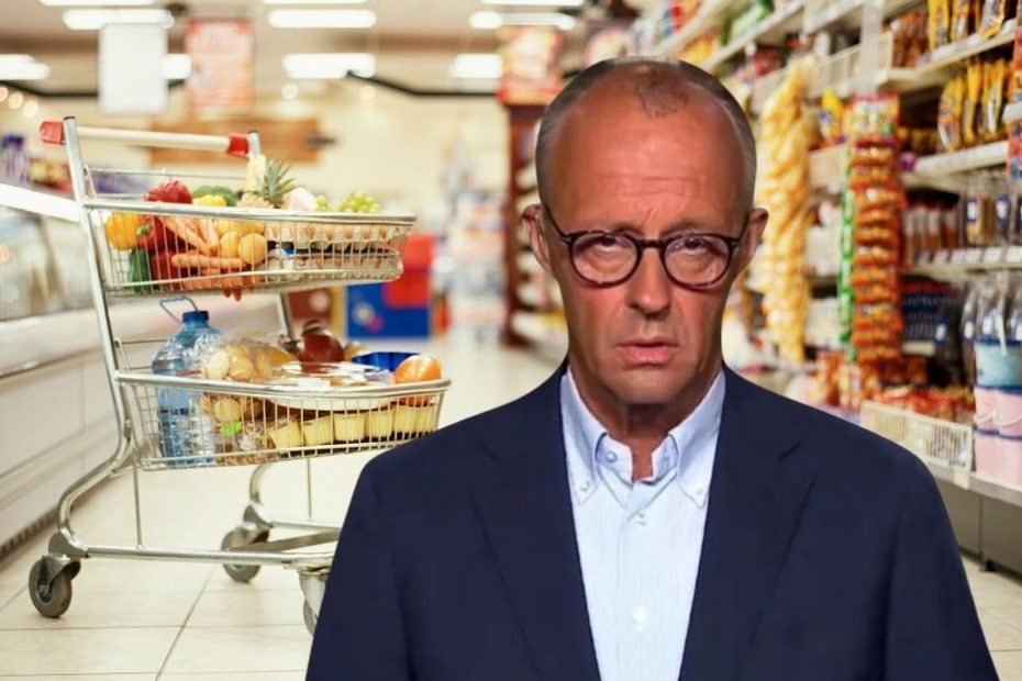 Creștere mare de prețuri în magazinele germane. În imagine, cancelarul Merz pe fondul unui supermarket