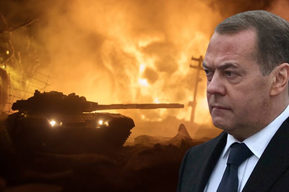 Medvedev: „Germania merită un atac direct”. În imagine, Dmitri Medvedev pe fondul unei scene de război